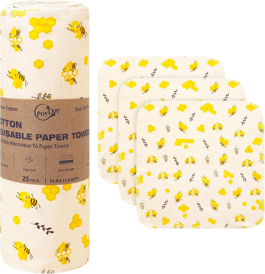 Paper Towels Washable Roll: 25Pack Cotton Cloth Paper Towels 11.8x11.8In Absorbent Soft Flannel Paperless Towels Alternative for Kitchen Reusable Napkins Zero Waste (Flower, Large)