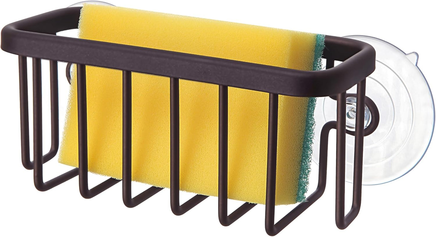SunnyPoint NeverRust Kitchen & Bathroom Sink Caddy for Sponges, Scrubbers, Soap, 6" x 2.5" x 2.65", with Adhesive Mount - Additional Suction Cup Included –Aluminum (Black)