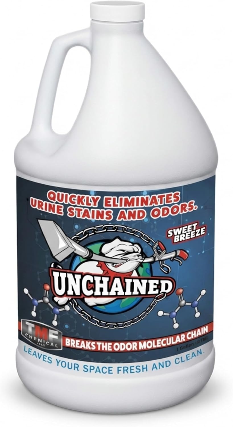 Unchained Urine Stain & Odor Remover – Cleaner for Dog & Cat, Pet Odor Eliminator on Carpet & Furniture, Industrial Strength Urine & Feces Neutralizer, Sweet Breeze – 1Gallon