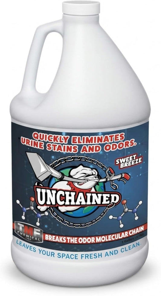 Unchained Urine Stain & Odor Remover – Cleaner for Dog & Cat, Pet Odor Eliminator on Carpet & Furniture, Industrial Strength Urine & Feces Neutralizer, Sweet Breeze – 1Gallon