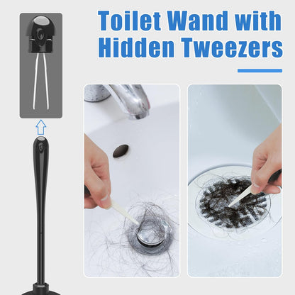 JEHONN Toilet Plunger and Brush Set Black with Holder and Hidden Tweezers, Heavy Duty Bathroom Bowl Scrubber Cleaning Kit for Bathtub Sink Wash Basin