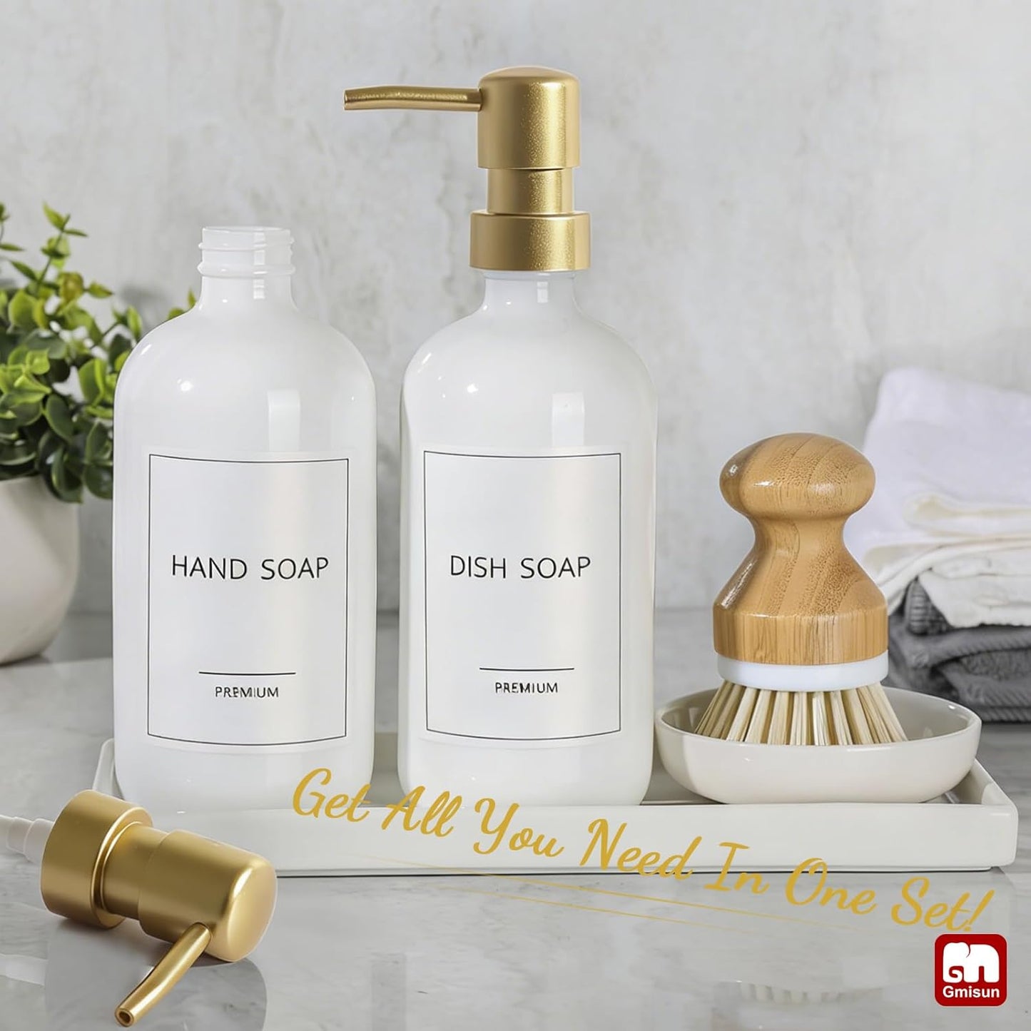 GMISUN Kitchen Soap Dispenser Set, 16 Oz Hand and Dish Soap Dispenser with Ceramic Tray & Bamboo Dish Brush, 2 Pack White Glass Liquid Pump Bottle, Modern Farmhouse Refillable Dish Soap Bottle