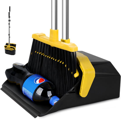 Tiumso Upgrade Broom with Dustpan Combo Set, Broom and Dustpan Set with 51'' Long Handle, Dust Pan and Brooms, ZeroGap Lip, Self-Cleaning Dustpans Teeth for Lobby Kitchen Restaurant - Black and Red