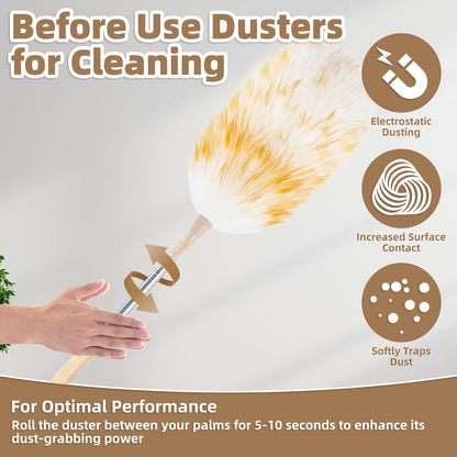 Ostrich Feather Dusters for Cleaning Kit - Reusable Soft Feather Duster Extendable to 49 inches for Cleaning Ceiling Fan, High Ceiling, Blinds & Retractable Small Duster for Keyboard, Car