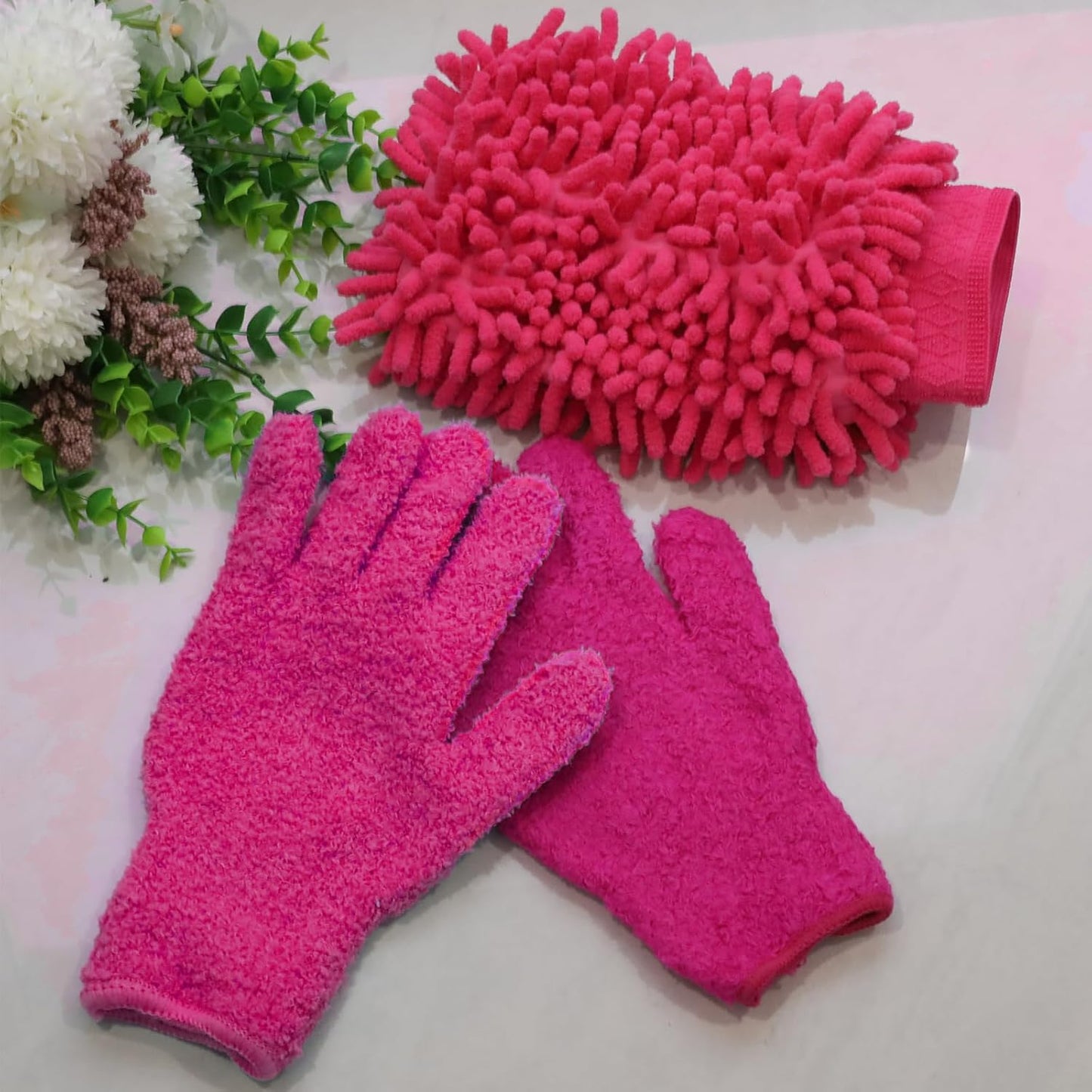 3 Pcs Microfiber Dusting Mitt Gloves Microfiber Plant Cleaning Gloves for Leaf Cleaning Plant Blinds Furniture House (Deep Pink)