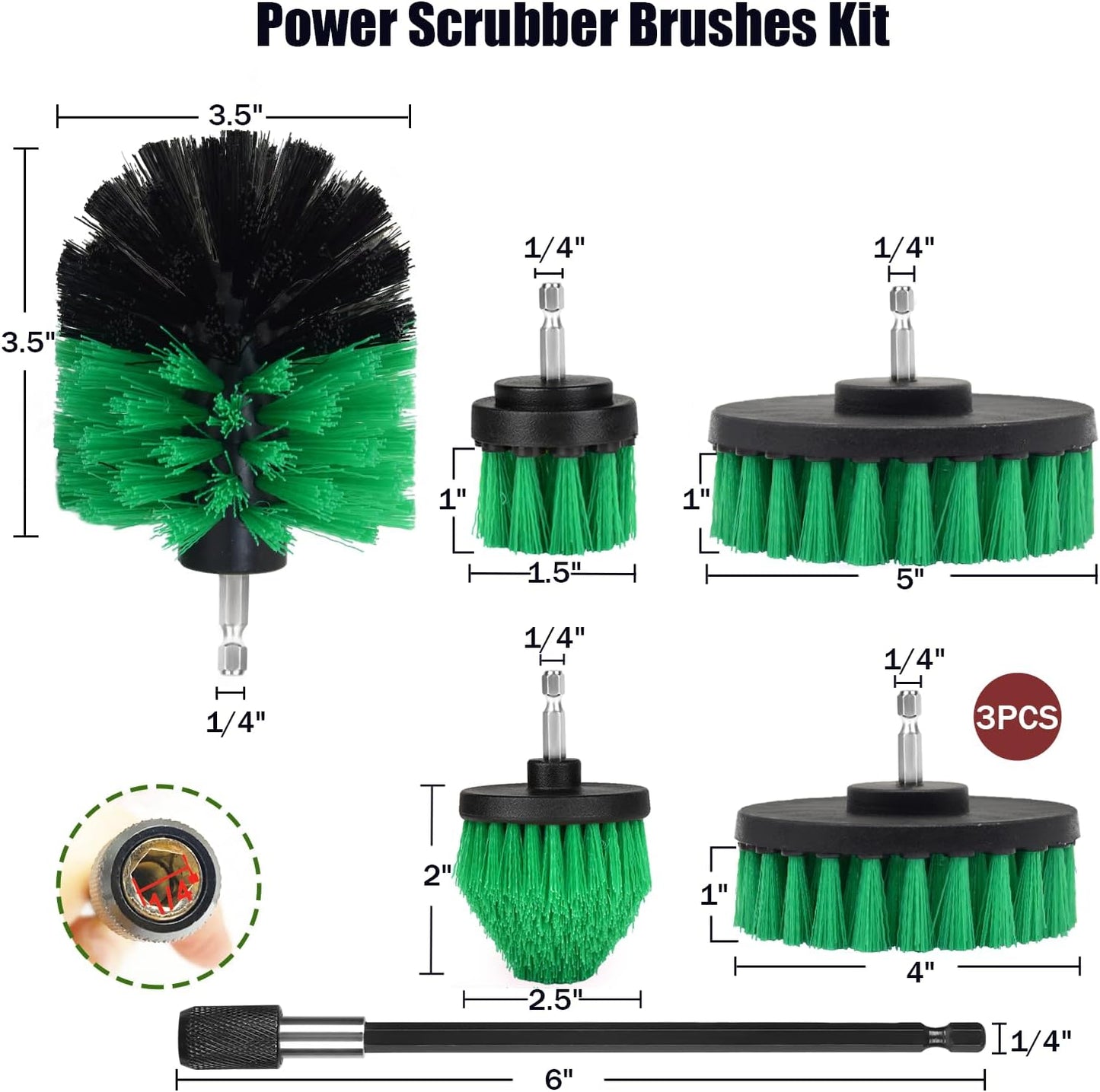 8 Pack Drill Brush Attachment Set,1/4in Power Scrubber Brush + Extend Long Rod, Power Cleaning Scrub Brush for Bathroom, Tub, Tile, Floor, Grout, Boat(White)