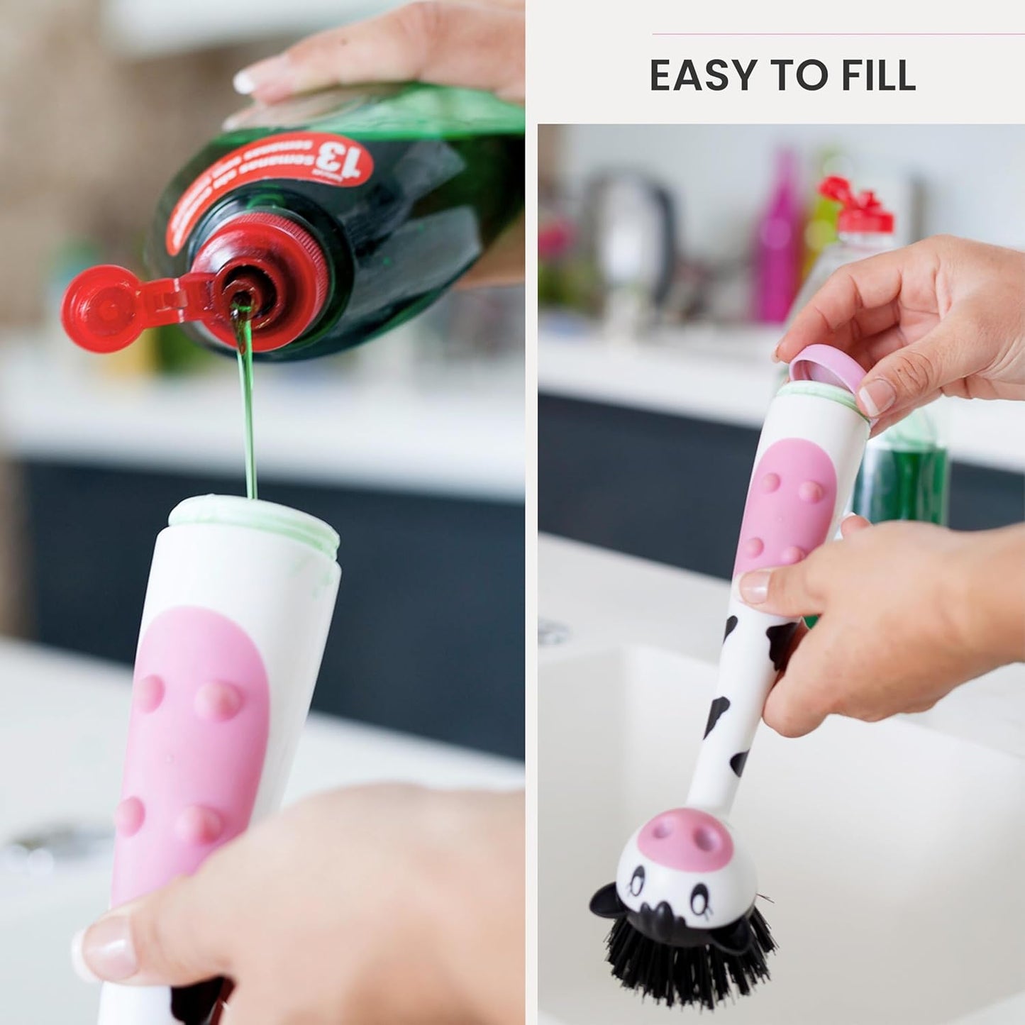 Vigar Felix Cat-Shaped Soap Dispensing Dish Brush, Dish Brush with Soap Dispenser for Pot Scrubber, Dishes, Sink, and Kitchen Essentials, Black, Gray