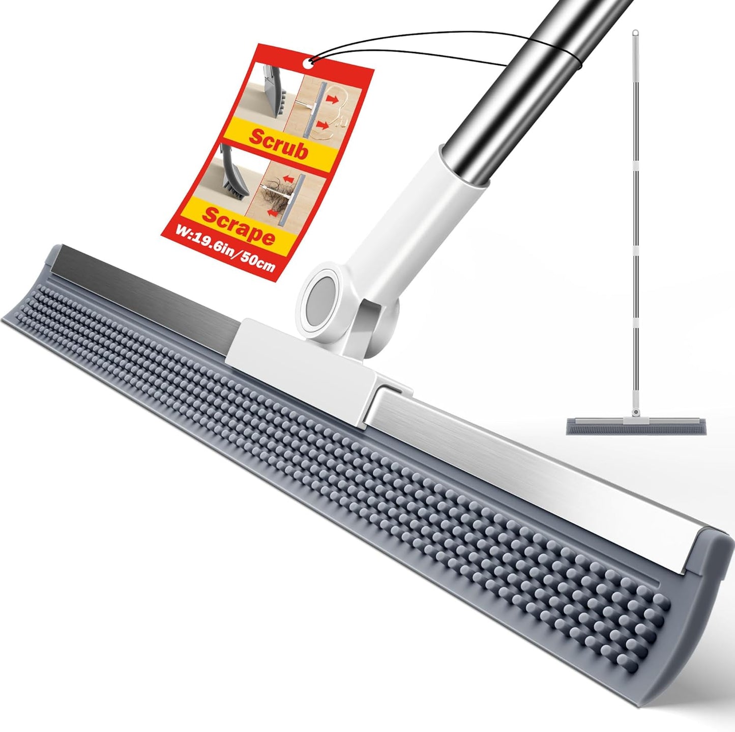 Floor Squeegee with Long Handle, 180° Rotating Silicone Broom for Concrete & Tile Floors, Squeegee for Water Removal on Garage, Bathroom and Deck, Adjustable 35–62 in Handle, 2 Pads