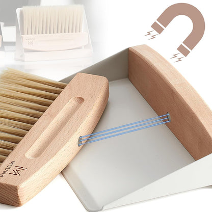 Coffee Brush and Dust Pan Set - Mini Hand Barista Broom, Magnetic Natural Horsehair Espresso Brush, Wood Barista Tools for Cleaning Tamping Station, Coffee Bar, Kitchen, Black