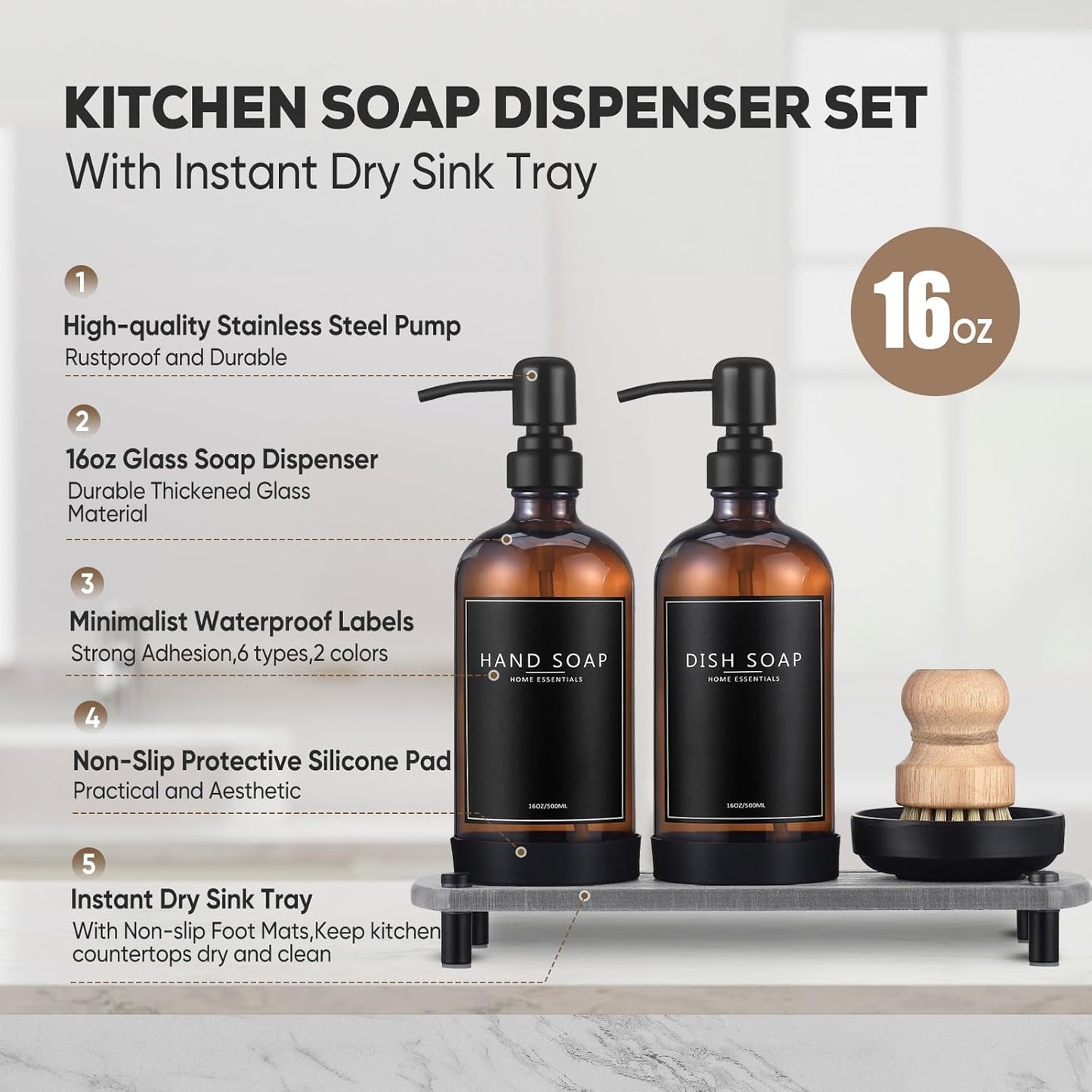 Kitchen Soap Dispenser Set with Instant Dry Tray,16 Oz Hand and Dish Soap Black Glass Dispenser Set,Stainless Steel Pump,Waterproof Labels&Dish Brush,Luxury Soap Bottle for Kitchen,Bathroom