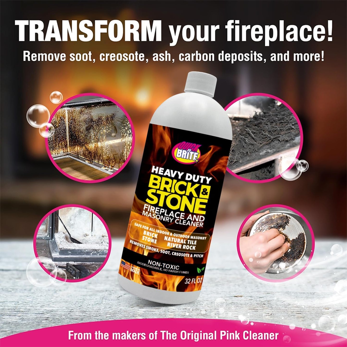 Quick 'n Brite Fireplace Gel Cleaner for Brick, Stone, Rock, Tile, and Marble, Nonabrasive Fireplace Cleaner, Made in the USA, 16 oz