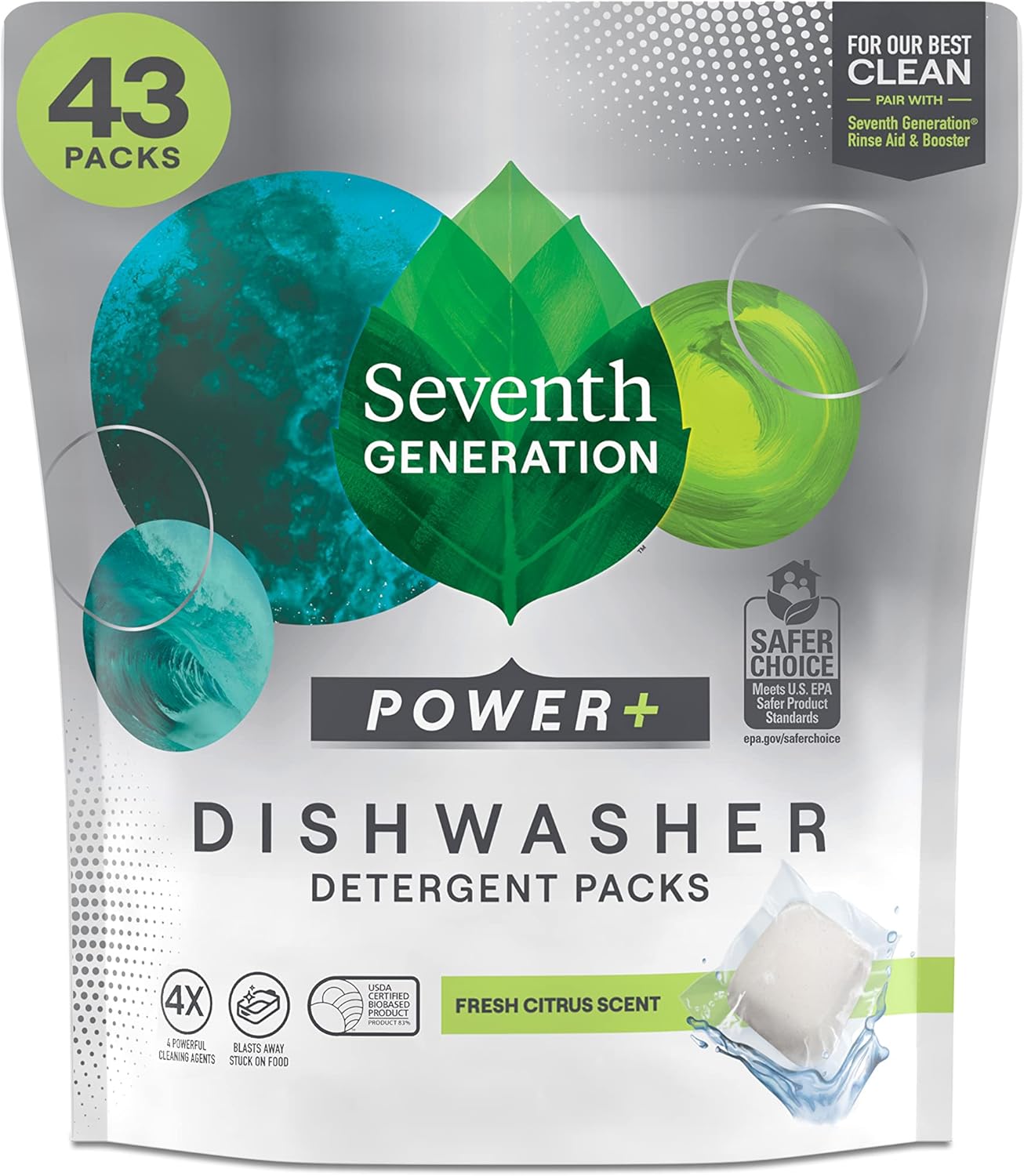 Seventh Generation Power Plus Dishwasher Detergent Packs Fresh Citrus scent Pack of 2 for sparkling dishes Dishwasher tabs 40 count