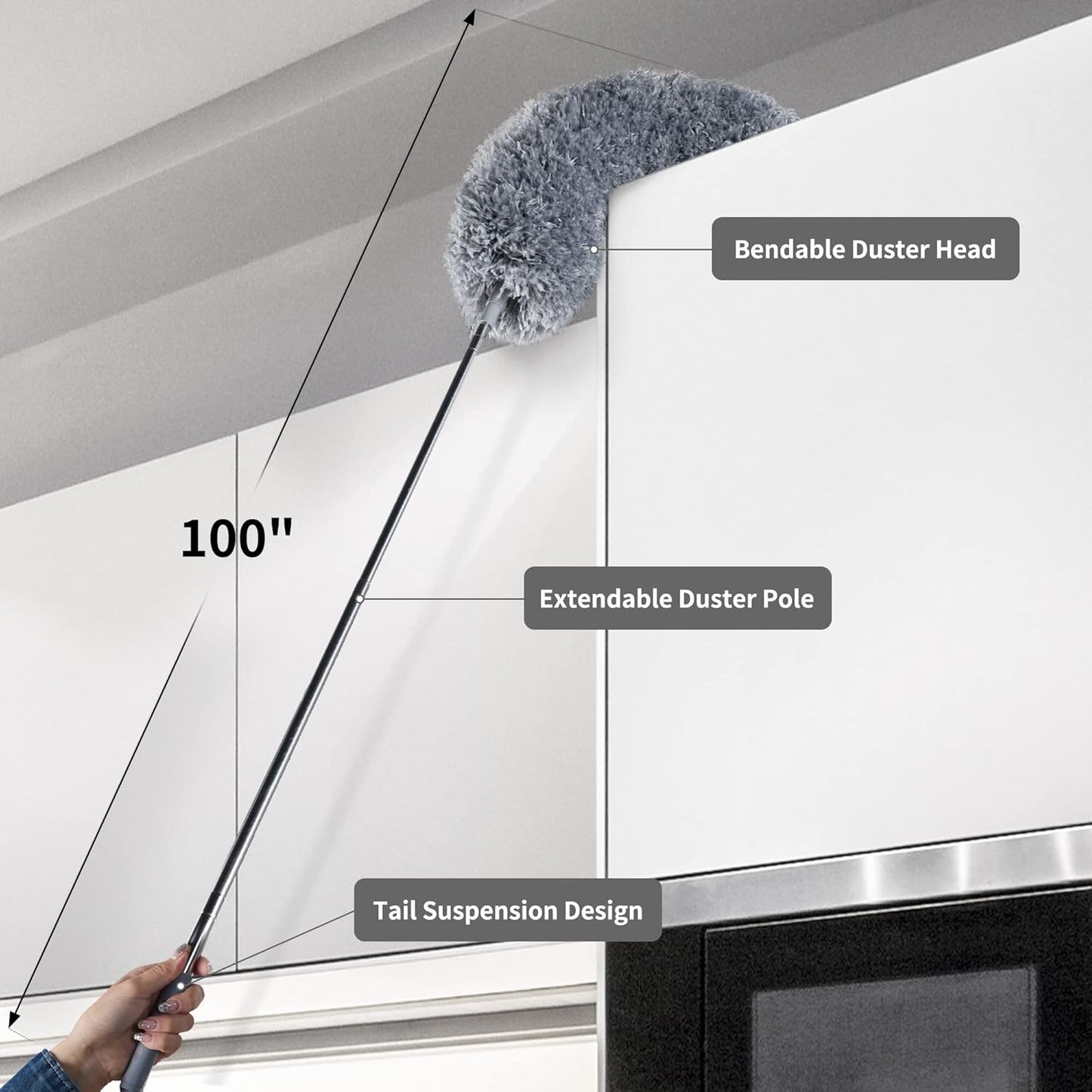 BOOMJOY Microfiber Feather Duster with Extendable Pole and Bendable Head, 100" Telescoping Duster for Cleaning Ceiling, Fan, Furniture