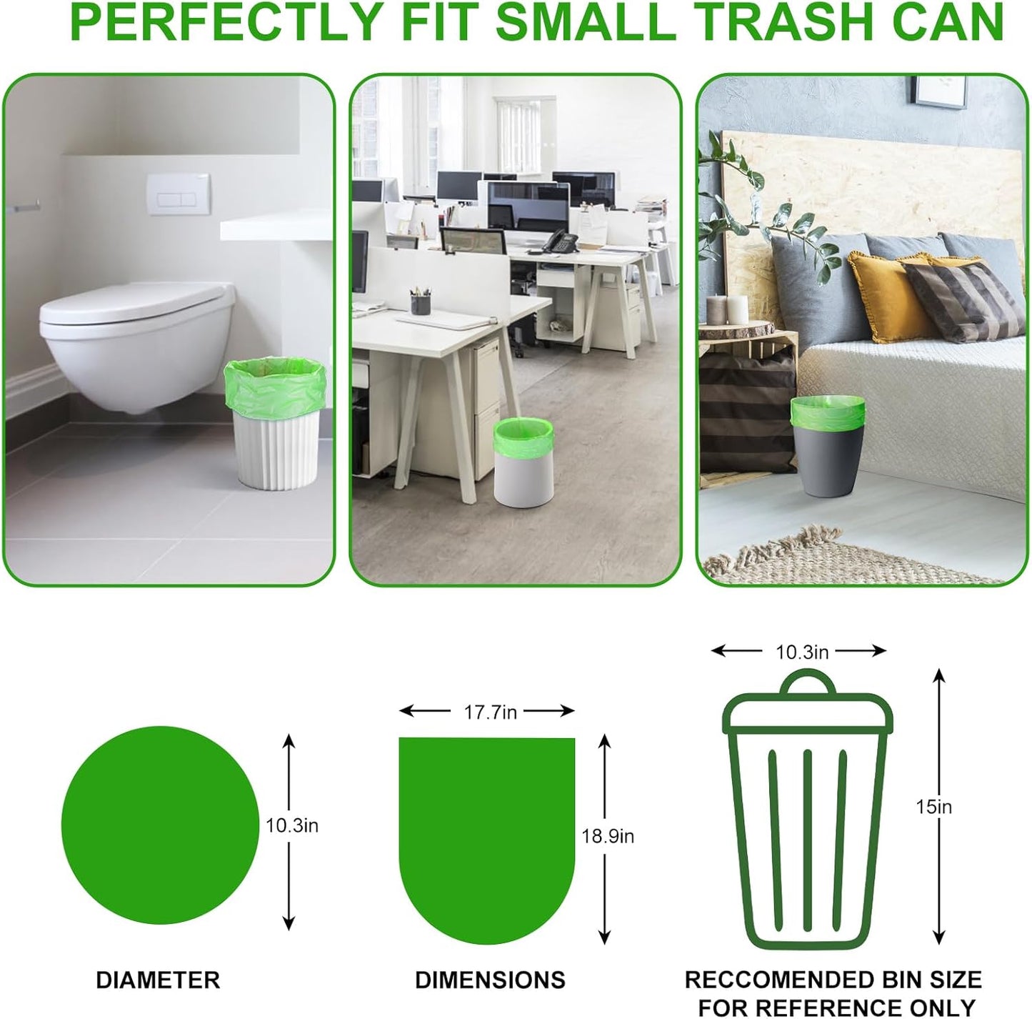 Small Trash Bags 4-6 Gallon, Inwaysin 200 Count Biodegradable Trash Bags 4 Gallon, Extra Strong Small Garbage Bags Unscented, Size Expanded, Green, for Bathroom Bedroom Office Kitchen Trash Can