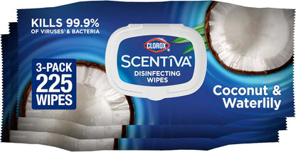 Clorox Scentiva Disinfecting Wipes, Coconut and Waterlily, 75 Count, Pack of 3 (Package May Vary)
