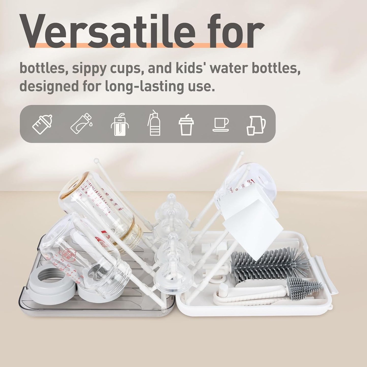 Baby Bottle Brush Set, 6-in-1 Travel Bottle Cleaner Kit with Silicone Bottle Brush, Nipple & Straw Brush, Soap Dispenser, Drying Rack, Storage Box – Compact Baby Travel Essential for Home & On-The-Go