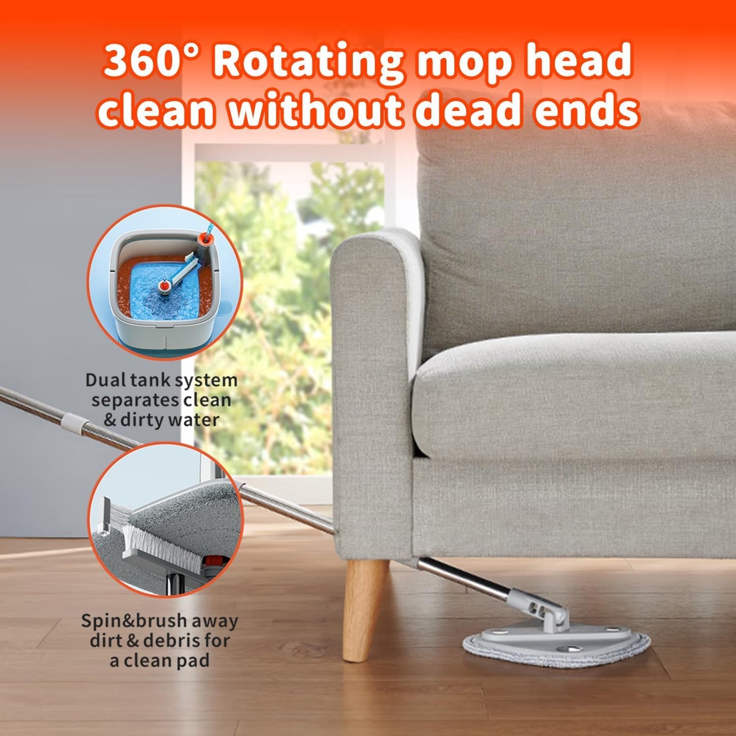 Spin Mop and Bucket Set with Self Separation Dirty and Clean Water System Self Wringing 360° Rotating Clean Mop-Head for Hardwood Tile Marble Floors (Mop Set with 6 Pads)-Grey