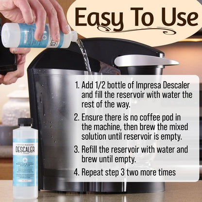 IMPRESA Coffee Machine Descaler (2 Uses Per Bottle) - Made in the USA - Universal Descaling Solution, Compatible with Nespresso, Delonghi and All Single Use Coffee and Espresso Machines
