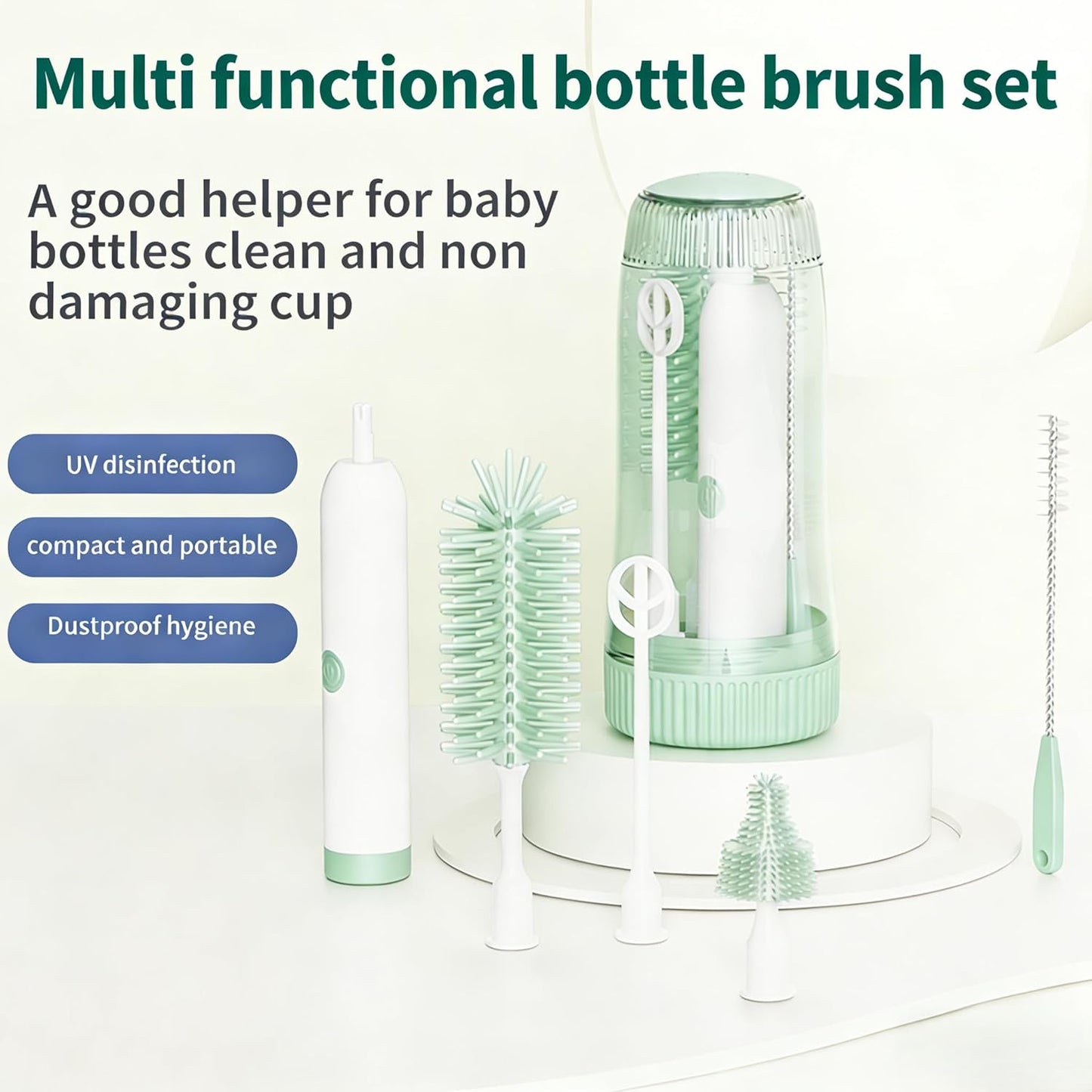 Portable Electric Silicone Bottle Brush Set, 7-in-1 UV Light USB Charging, Nipple/Straw Cleaner, Milk Mixer, Built-in Drying Rack & Storage Case, BPA-Free, IPX7, On-the-Go for New Parents (Mint)