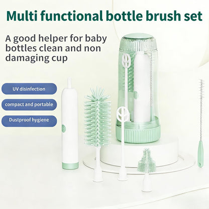 Portable Electric Silicone Bottle Brush Set, 7-in-1 UV Light USB Charging, Nipple/Straw Cleaner, Milk Mixer, Built-in Drying Rack & Storage Case, BPA-Free, IPX7, On-the-Go for New Parents (Mint)