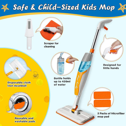 Kids Spray Mop Toy - Real Working Toddler Cleaning Set with 420ML Water Bottle, Scraper & 2 Washable Pads, Montessori Housekeeping Cleaning Toy for Pretend Play