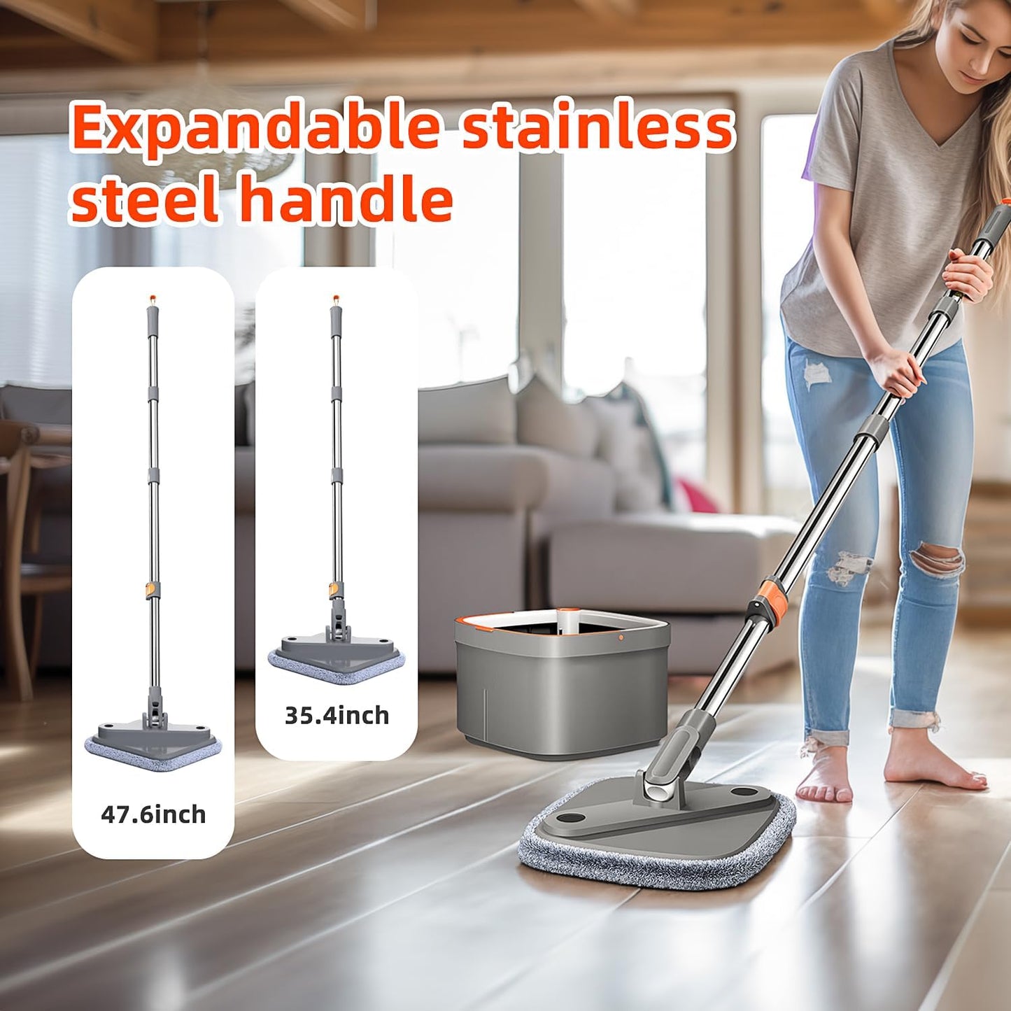 Spin Mop and Bucket Set with Self Separation Dirty and Clean Water System, Mop Set with Self Wringing 360° Rotating Clean Floor Mop-Head for Hardwood Tile Marble Floors (Dark Gray, 10pads)