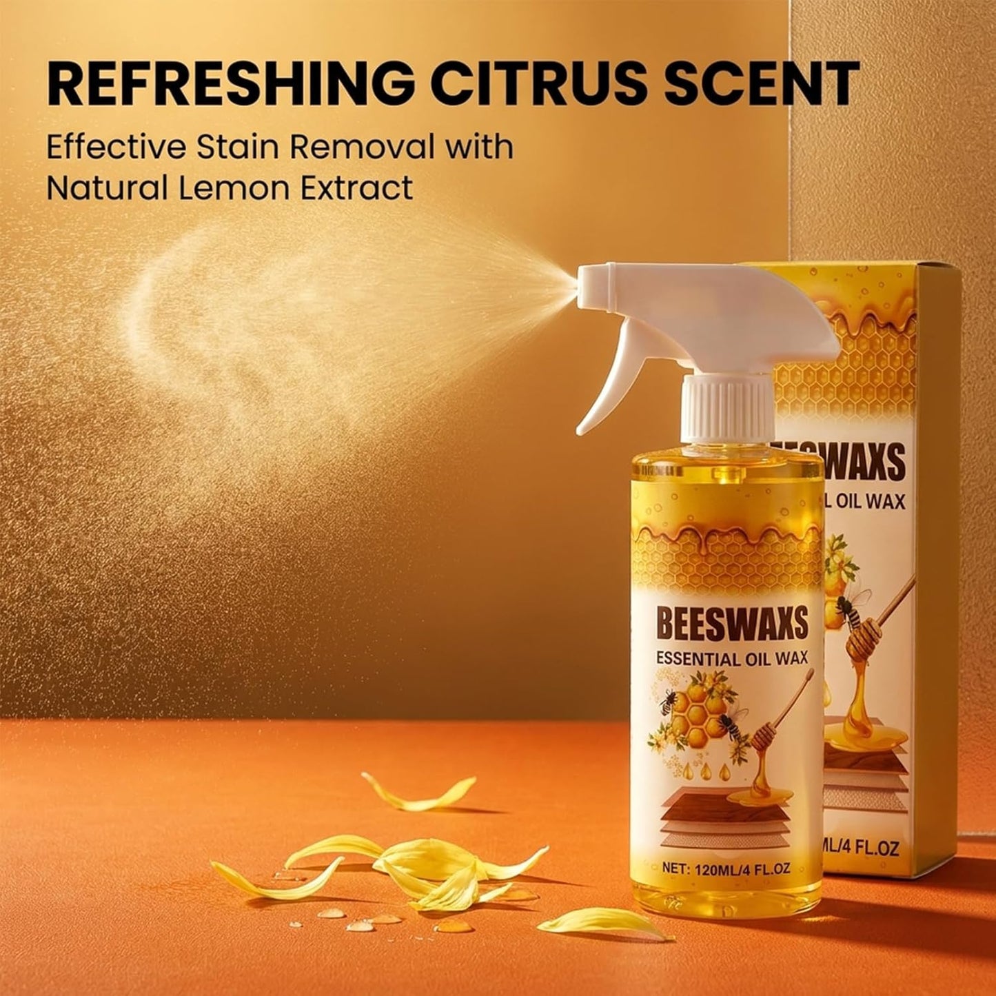 Beeswax Wood Polish Spray, Bees Wax Furniture Polish and Cleaner with Sponge & Towel, Wood Cleaner for Floors, Cabinets, Tables, Doors, Laminate and Finished Wood Surfaces, Citrus Scent, 120ML