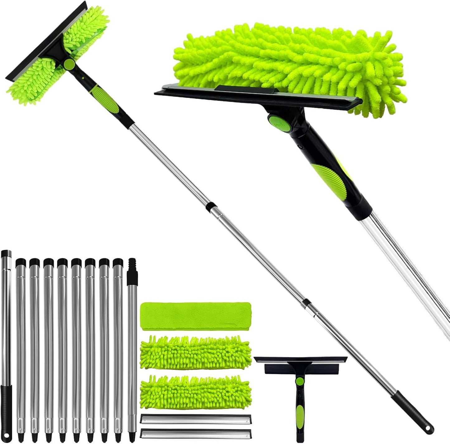 67" Squeegee Window Cleaner 2 in 1 Rotatable Window Cleaning Tool Kit with Extension Pole, Window Washing Equipment with Bendable Head for Indoor & Outdoor High Windows and Car Glass