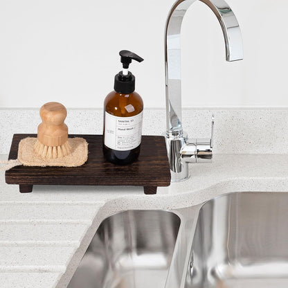 zoocatia Small Wood Tray Pedestal Stand Farmhouse Bathroom Decor Decorative Wooden Riser Kitchen Soap Dish Holder for Vanity, Counter, Sink, 9" x 5.9" - Black
