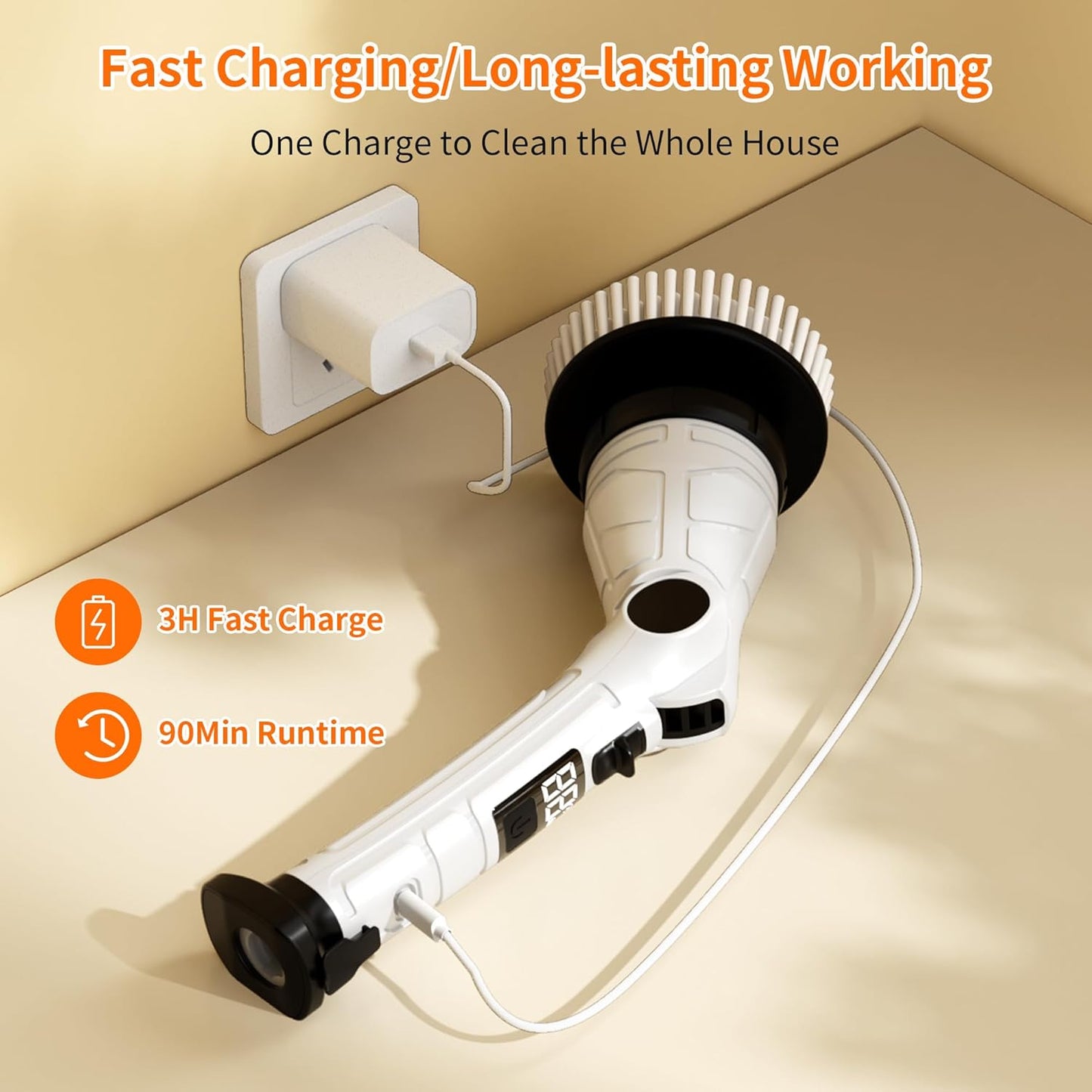 Electric Spin Scrubber with 8 Replaceable Brush Heads 6 Adjustable Angle Waterproof LED Display Cordless Cleaning Brush Supplies Bathroom Cleaner Set Long Handle Power Scrubber for Shower Floor Tub
