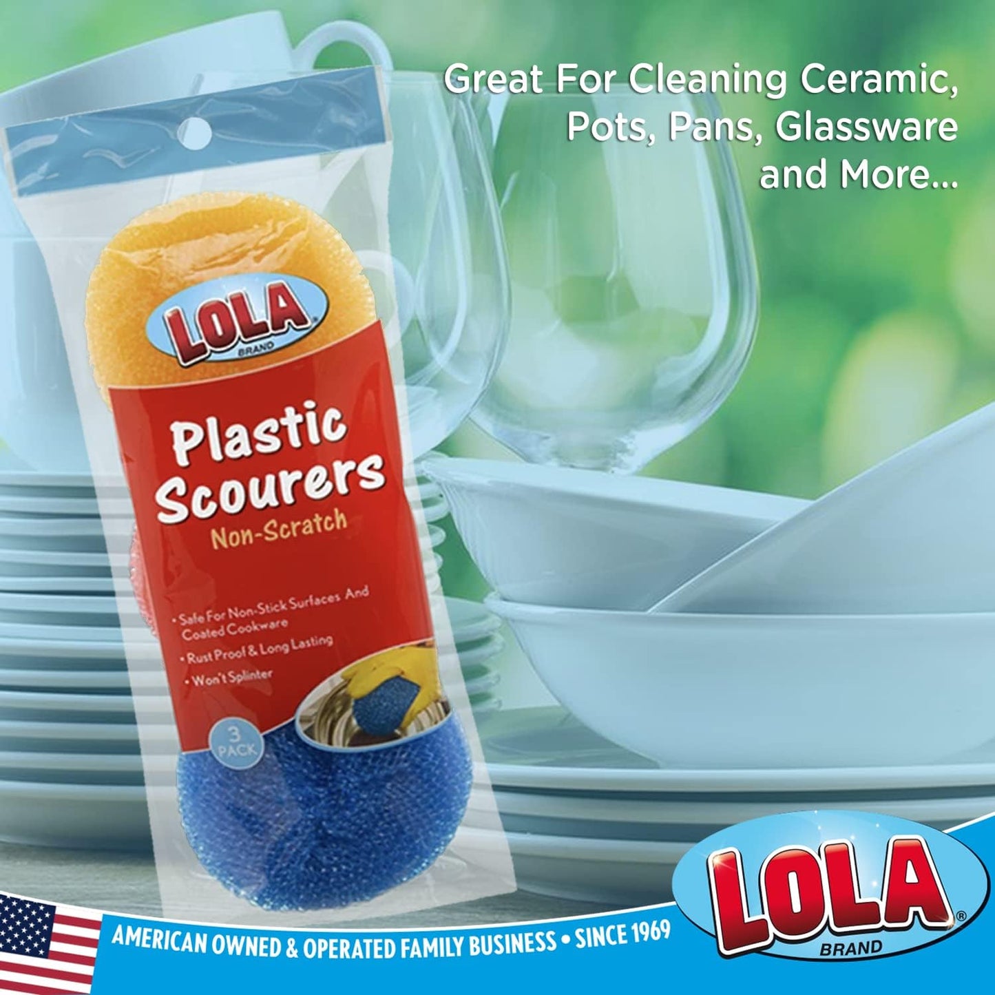 LOLA Plastic Mesh Scouring Pads - 3 Pack, 3.375" x 1.25", Non-Scratch Dish Scrubbers to Clean Dishes, Assorted Colors - Red, Blue & Yellow