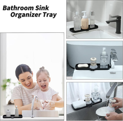 MicoYang Silicone Bathroom Soap Dishes with Drain Spout-Bathroom and Kitchen Sink Organizer,Sponge Holder,Dish Soap Tray,Perfect for Dispenser,Scrubber,Bottle,Cup on Sink or Counter-Black 4.9"×3.2"