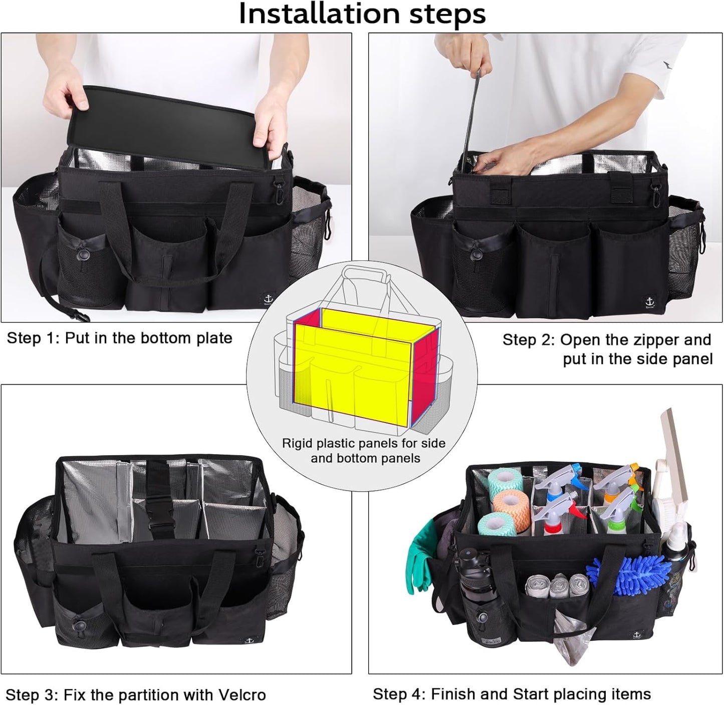 Large Cleaning Caddy Bag Built-in Sturdy Support Board, Cleaning Organizer with Detachable Divider, Cleaning Supply Tote with Adjustable Shoulder Strap&Waist Belt for Cleaners & Housekeeper