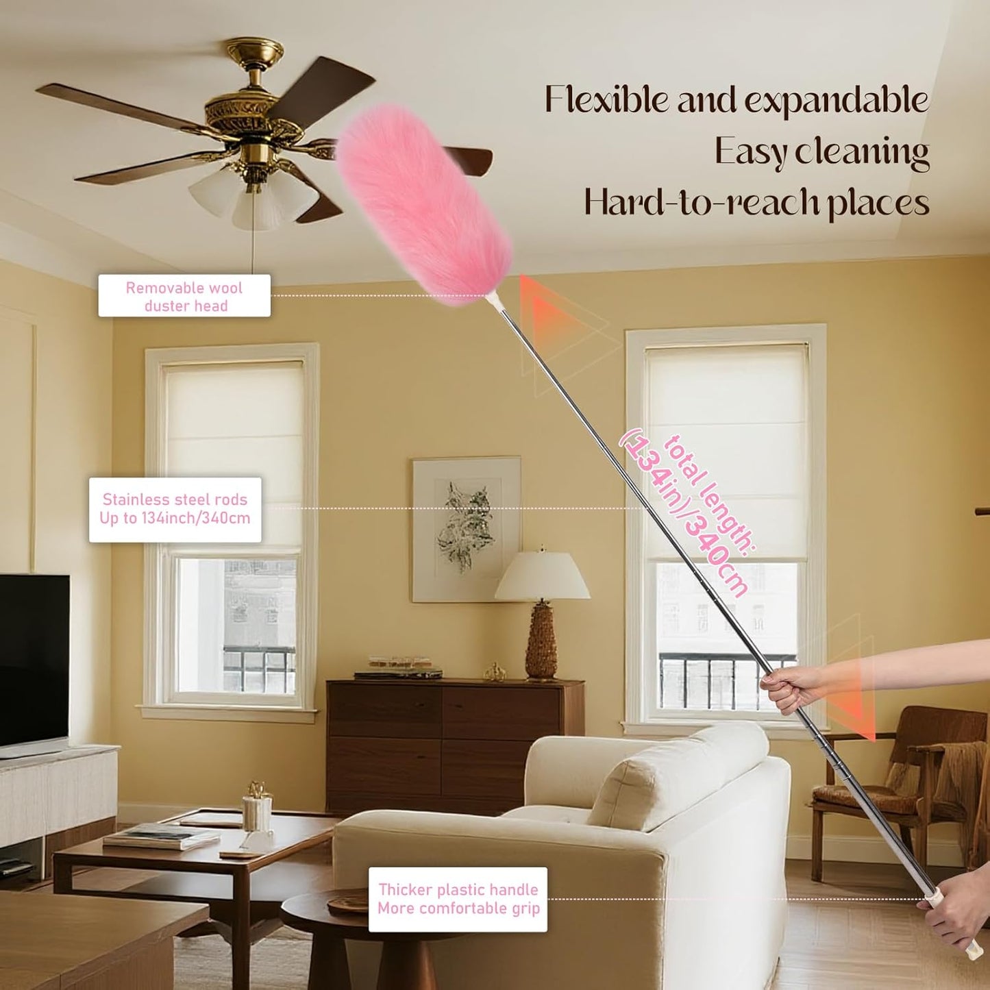 Extendable Lambswool Duster Stainless Steel Handle 133" Removable Feather Duster for Cleaning Ceiling Fans Interior Roof Furniture, Brown