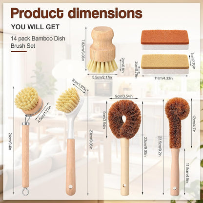 Sliner 14 Pcs Bamboo Dish Brush Set Include Natural Kitchen Sponge Wooden Dish Brush with Sisal Bamboo Scrubber for Kitchen Cleaning Pans Pots Bottles Vegetables