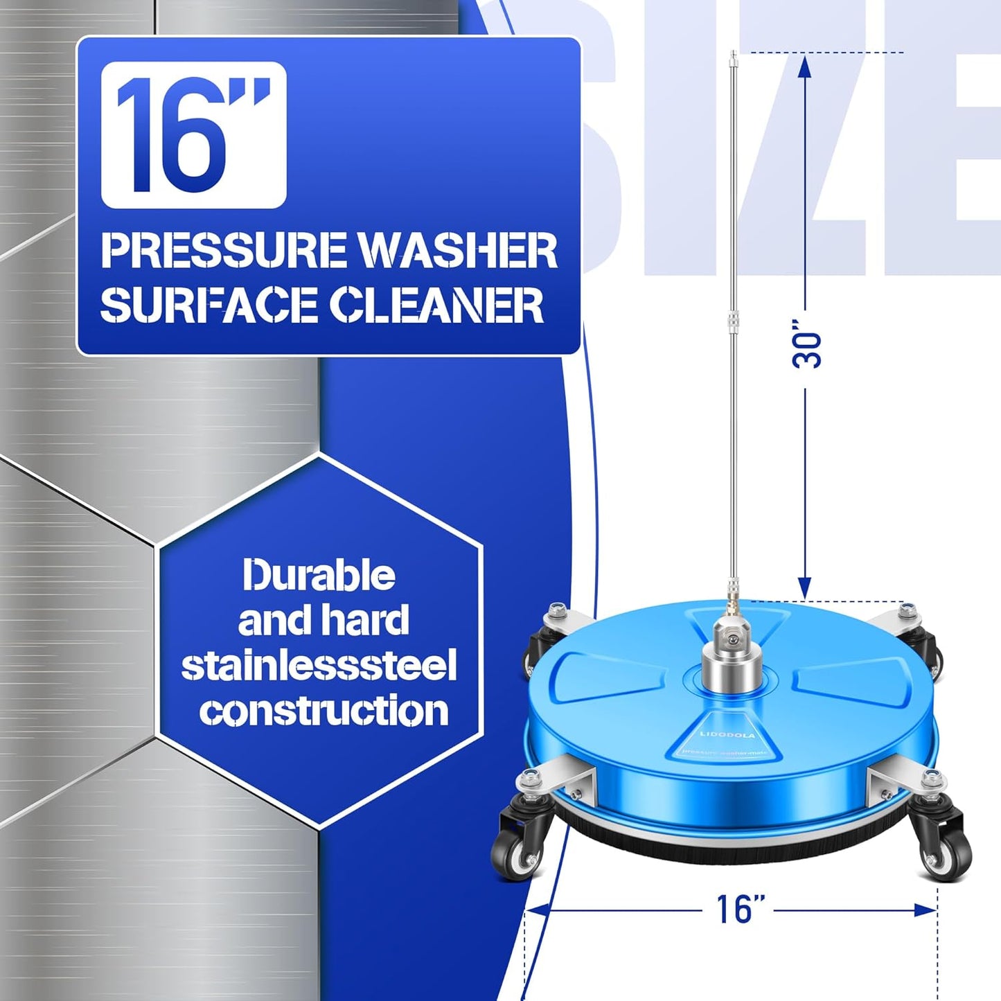 14" Pressure Washer Surface Cleaner with 4 Wheels - Stainless Steel Surface Cleaner for Pressure Washer Attachment for Concrete, Patio, Sidewalk, Deck and Driveways - PWS14