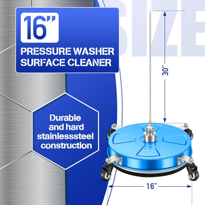 14" Pressure Washer Surface Cleaner with 4 Wheels - Stainless Steel Surface Cleaner for Pressure Washer Attachment for Concrete, Patio, Sidewalk, Deck and Driveways - PWS14