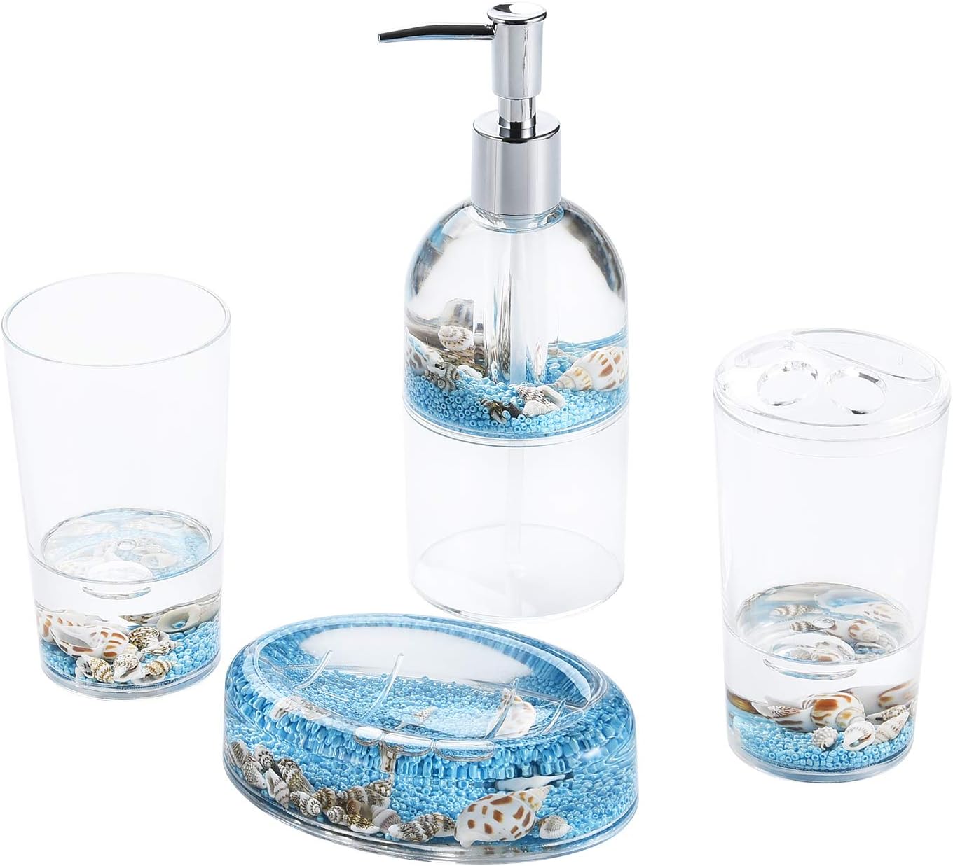 Locco Decor 5 Piece Acrylic Liquid 4D Floating Motion Bathroom Vanity Accessory Set Garden Botanic Green Plants Toothbrush Holder, Tumbler, Soap Dispenser, Soap Dish, Toiletbrush Holder Set