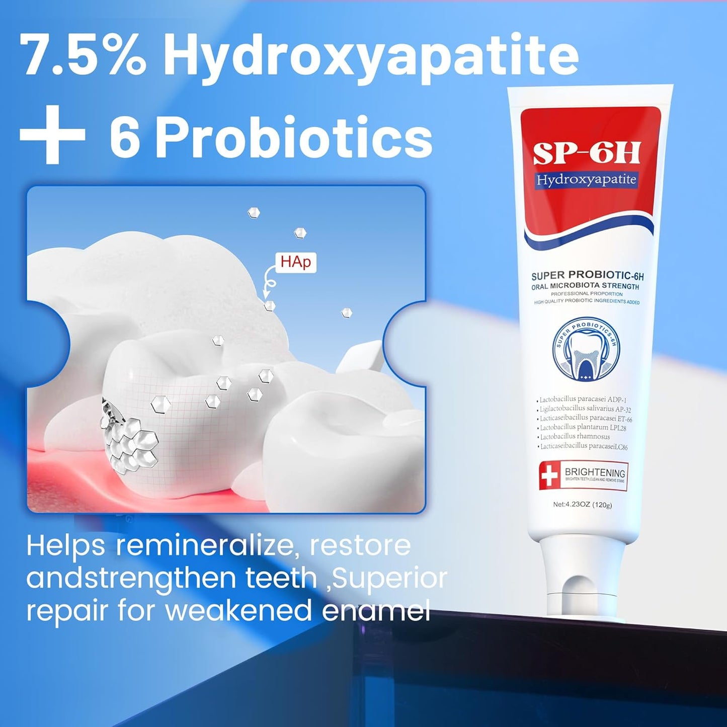 7.5% Nano Hydroxyapatite Toothpaste, SP-6 Probiotic Toothpaste, Helps Remineralize, Strengthens Enamel, Dentist-Formulated Whitening Toothpaste for Sensitive Teeth, Fluoride-Free, 4.23 oz 2Pack