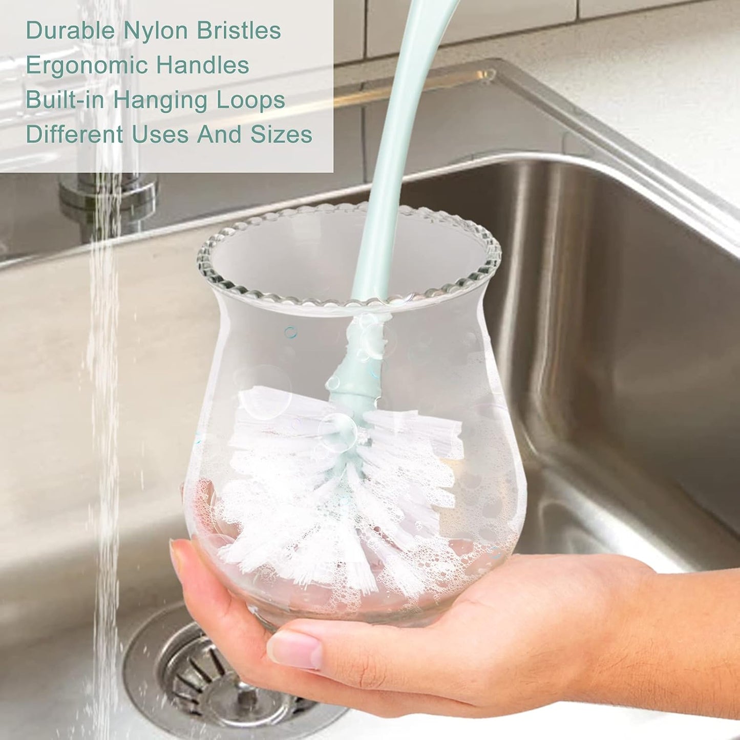 Dish Brush with Handle, Kitchen Deep Cleaning Dish Scrub Brush, 3 Pieces Ergonomic Built-in Hanging Loops Scrubber Brush Set for Pot, Dish, Pans, Bottle, Sink Cleaning, Nordic Green