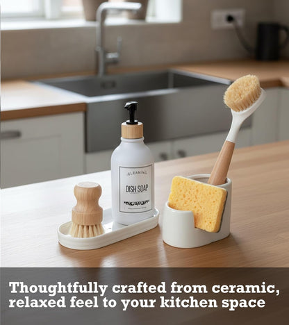 Ceramic Sponge Holder for Kitchen Sink, 2-in-1 Sponge & Brush Organizer, Compact Countertop Sink Caddy with Raised Edge to Catch Drips, Keeps Countertops Dry, Dishwasher Safe, Rustproof, White
