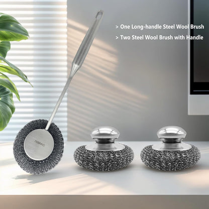 Stainless Steel Wool Scrubber Set, Long Handle & Handle Brushes,Metal Brush for Pots, Pans, Grills & Cutlery Cleaning (3 Pack)