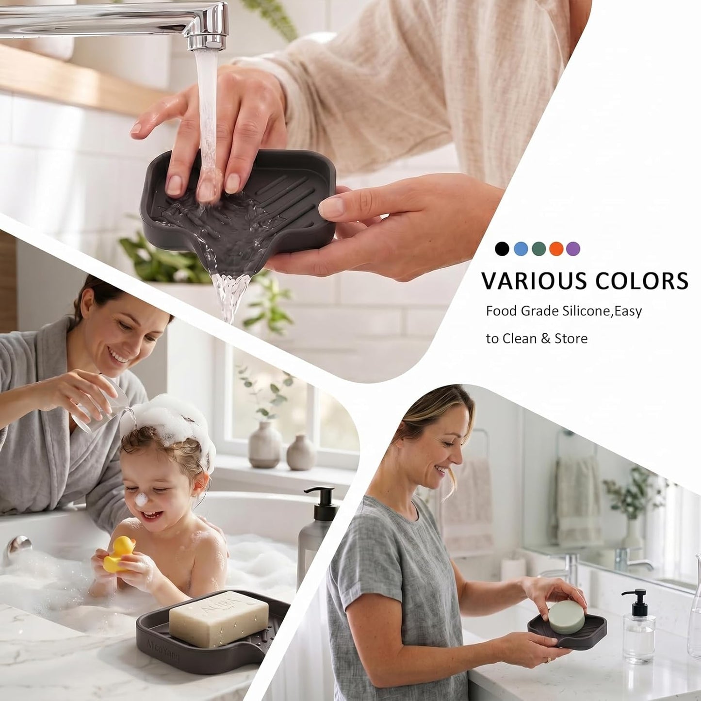 MicoYang Silicone Bathroom Soap Dishes with Drain Spout-Bathroom and Kitchen Sink Organizer,Sponge Holder,Dish Soap Tray,Perfect for Dispenser,Scrubber,Bottle,Cup on Sink or Counter-Black 4.9"×3.2"