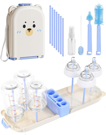Travel Bottle Cleaner kit, 7in1 Baby Toddler Travel Essential Silicone Bottle Brush Set, Nipple, Drying Rack, Straw, & Breast Pump Cleaning, Soap Dispenser & Organizer Case, Gift Mom