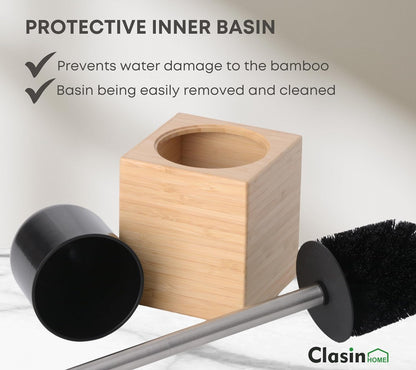 Clasin Home Toilet Bowl Brush Holder with Bamboo and Stainless Steel for Durable Use, Toilet Scrubber Brush with Long Handle for Easy Deep Cleaning, Compact Hidden Bathroom Toilet Cleaner Brush Set