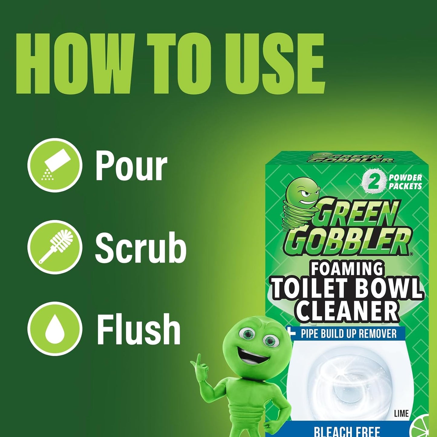 Green Gobbler 5-in-1 Foaming Toilet Bowl Cleaner + Pipe Build-up Remover, Enhanced Enzyme Formula, 2 Uses - Safe for Septic
