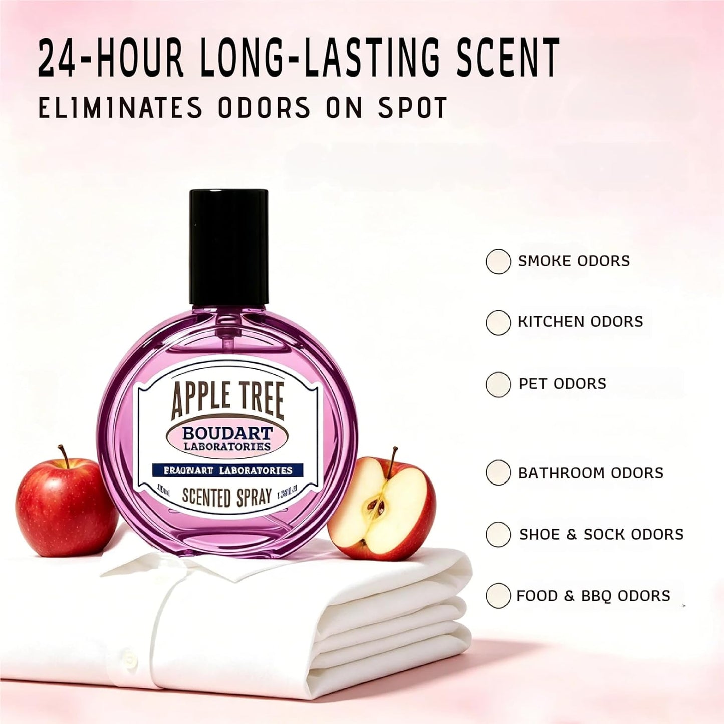 Travel Fabric Refresher Spray – Odor Eliminator & Wrinkle Release, TSA Approved 40ml for Gym Hotel Office Clothes Sofa Curtains, Apple Tree Scent – Boudart Labs