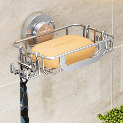 LEVERLOC Soap Holder Shower with Hooks, Bar Suction Cup Soap Dish Tray for Wall, Rust-Proof Stainless Steel Sponge Caddy for Bathroom Accessories Organizer Bathtub Kitchen Sink, Black