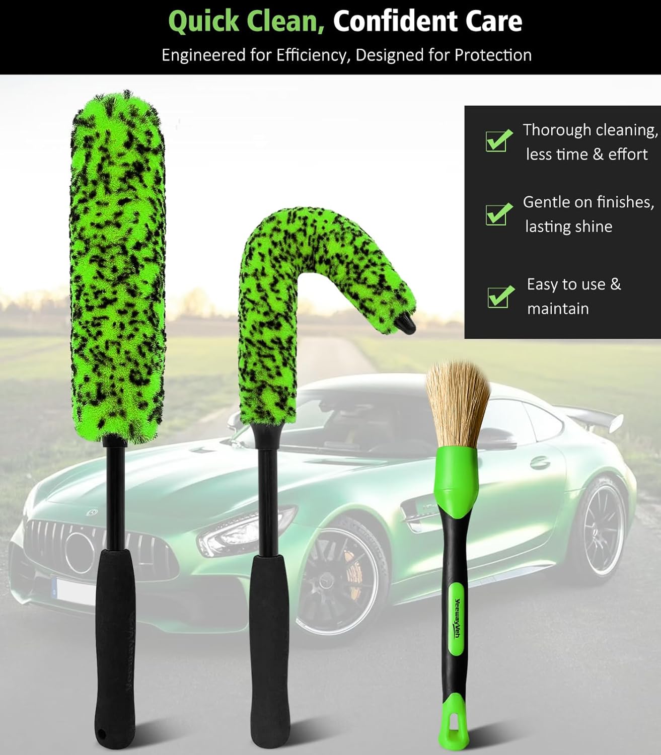 YeewayVeh 8PCS Ultimate Wheel and Tire Brush Kit | 2-Size 360° Bendable Rim Brushes, Boar Hair Detailing Brush, Tire Shine Applicators & Microfiber Towel | Complete Scratch-Free Cleaning & Shining Set