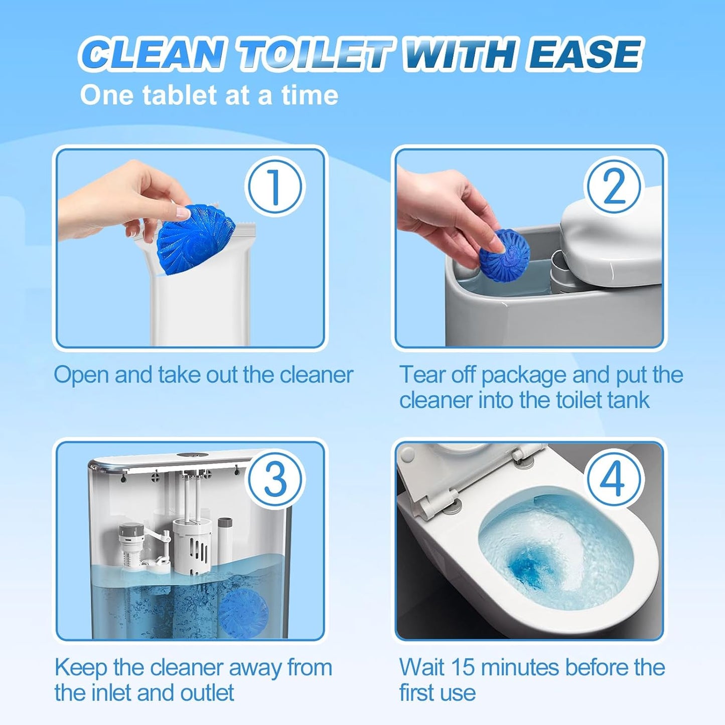 KIISIISO Automatic Toilet Bowl Cleaner Tablets Blue 30 Pack, Drop-In Tank Cleaner for Bathroom, Prevent Stains & Deodorize, Septic Safe, Long-Lasting Cleaning Tabs - Fresh Scent